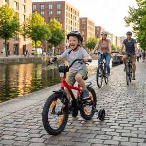 Rotes PROMETHEUS Kinderfahrrad 16 Zoll mit Stützrädern, Kind fährt lachend auf Kopfsteinpflaster am Kanal, Familie im Hintergrund.