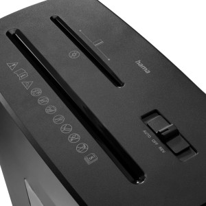 Oberseite des Hama Aktenvernichters Prime M50CD-B. Schwarzer Schredder mit zwei Einzugsschlitzen für Papier, CDs/DVDs und Karten.