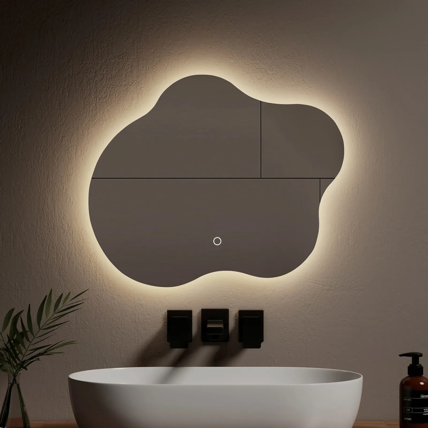 Asymmetrischer Emke LED-Badspiegel 60x50 cm mit Anti-Beschlag und Beleuchtung.