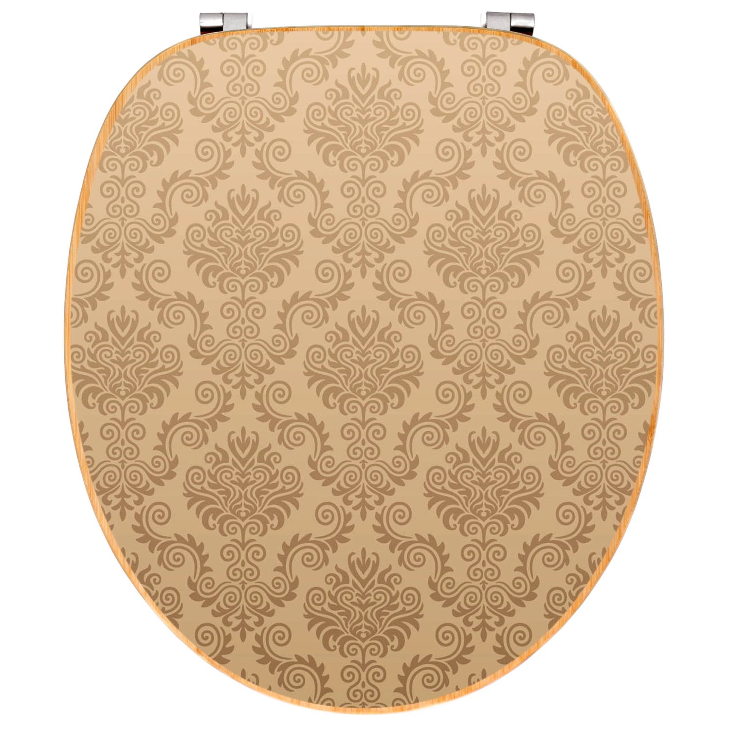 Banjado WC-Sitz aus Bambus mit Tapeten-Motiv in Beige. Holz-Klositz mit Universal-Scharnieren.