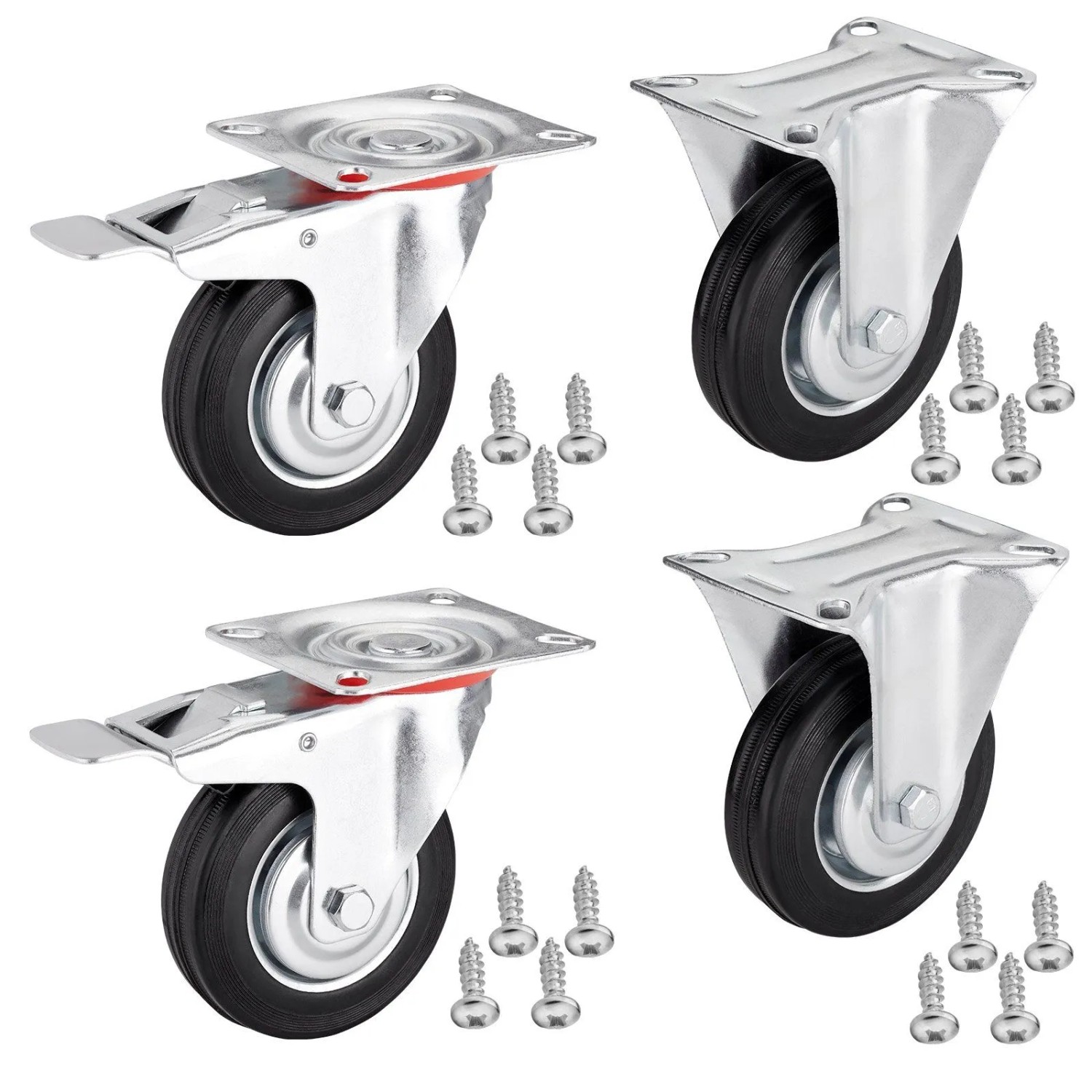 SOTECH 4er SET Transportrollen RED Ø75 mm 2x Bockrollen und 2x Lenkrollen mit Bremse Bis 280 Kg inkl. Pan Head 5 x 17 mm...