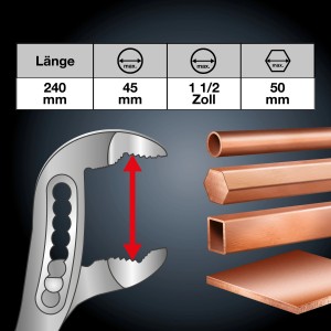 LUX Wasserpumpenzange 250mm: Maulöffnung und Werkstücke in verschiedenen Formen.