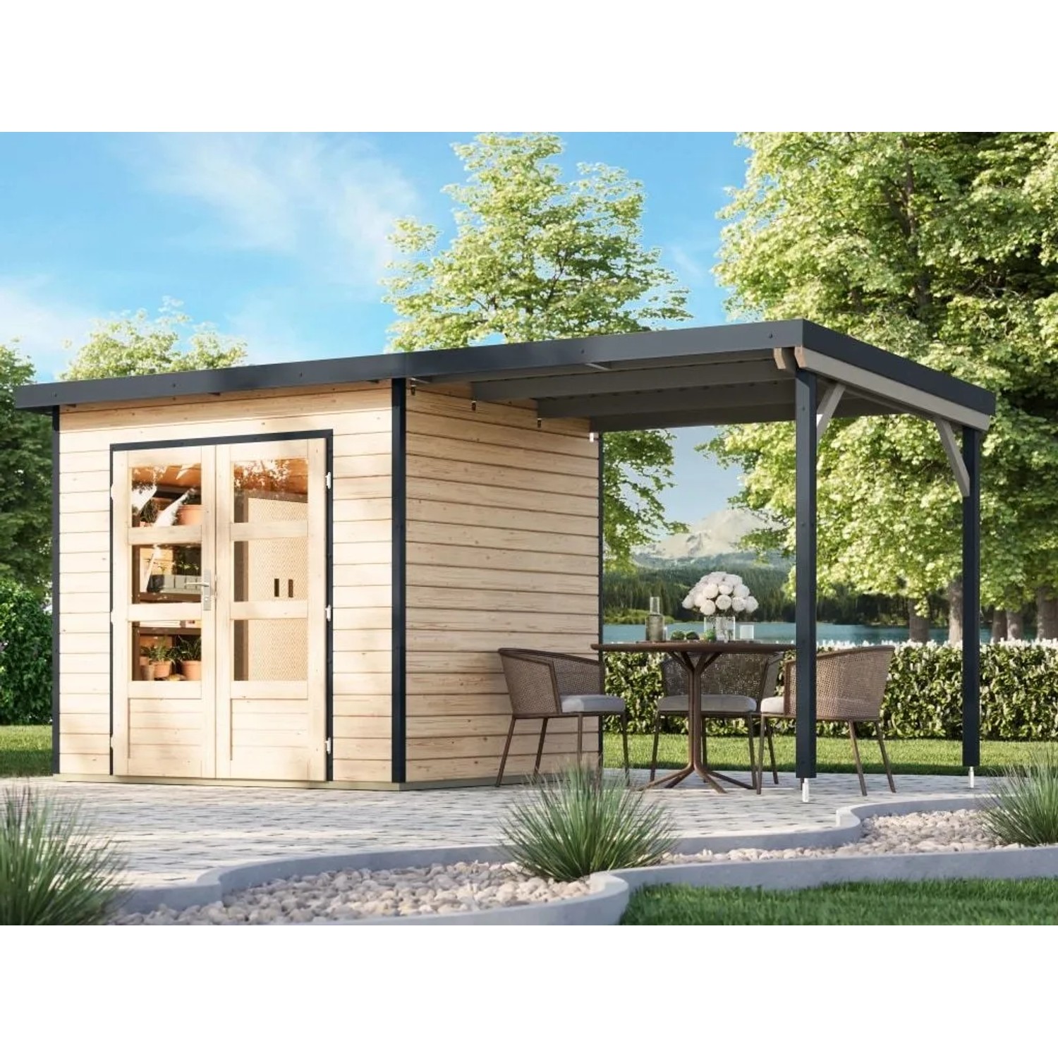 Karibu Gartenhaus Plutus 2 Zoll 28 mm Wandstärke inkl. Anbaudach Natur