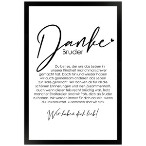 Gerahmtes Poster "Danke Bruder" 30x45cm, Geschenkidee mit liebevoller Botschaft im schwarzen Bilderrahmen.