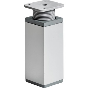Eckiger Hettich Möbelfuß, 100-115 mm, Stahl in Aluminium-Optik, höhenverstellbar.
