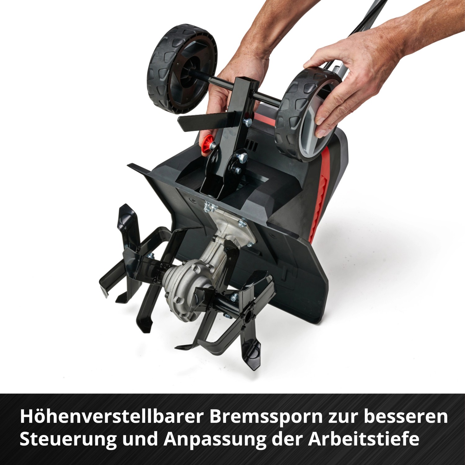 Einhell Akku-Bodenhacke GE-CR 30 Li Solo mit Hackmessern und verstellbaren Rädern.