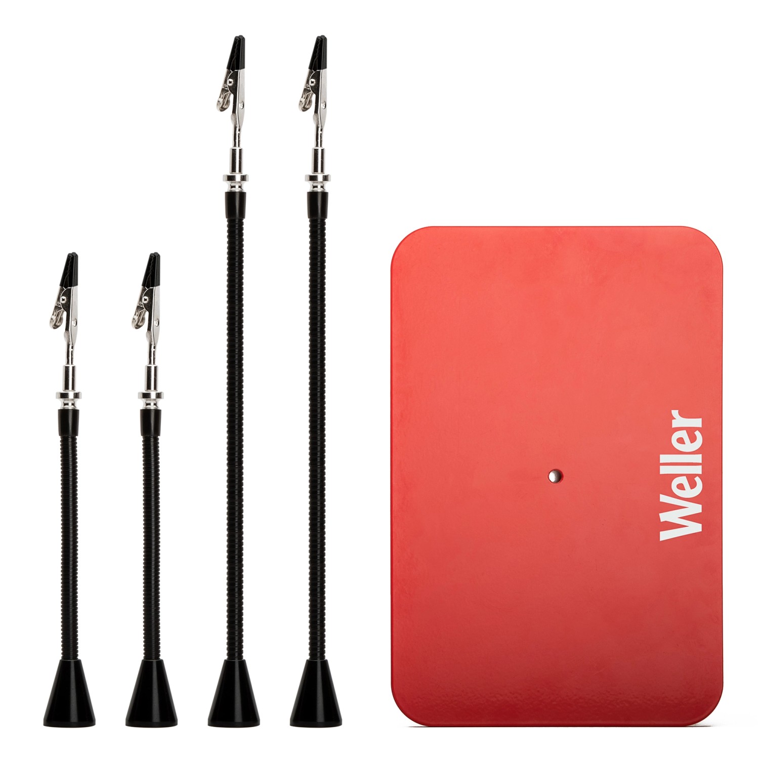 Weller Platinenhalter mit Magnetarmen: Rote Grundplatte und vier flexible Arme mit Krokodilklemmen.