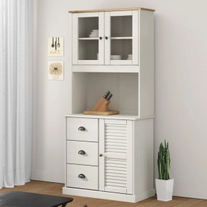 Weißer vidaXL Sideboard-Aufsatz VIGO aus Kiefernholz mit heller Holzplatte, Glastüren, Ablage, 3 Schubladen & Jalousietür.