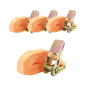 4 orangefarbene Spanngurte mit Ratsche, 4 m lang, für Lasten bis 800 kg. Ideal zur Ladungssicherung.