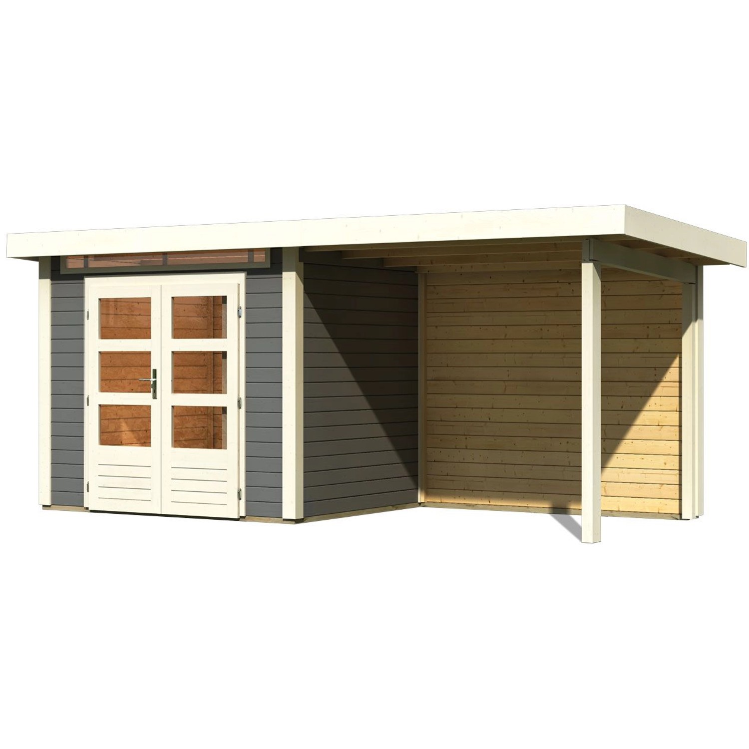 Karibu Holz-Gartenhaus Kumla 2, terragrau, mit Pultdach und Anbau. Ideal als Gerätehaus oder Gartenpavillon.