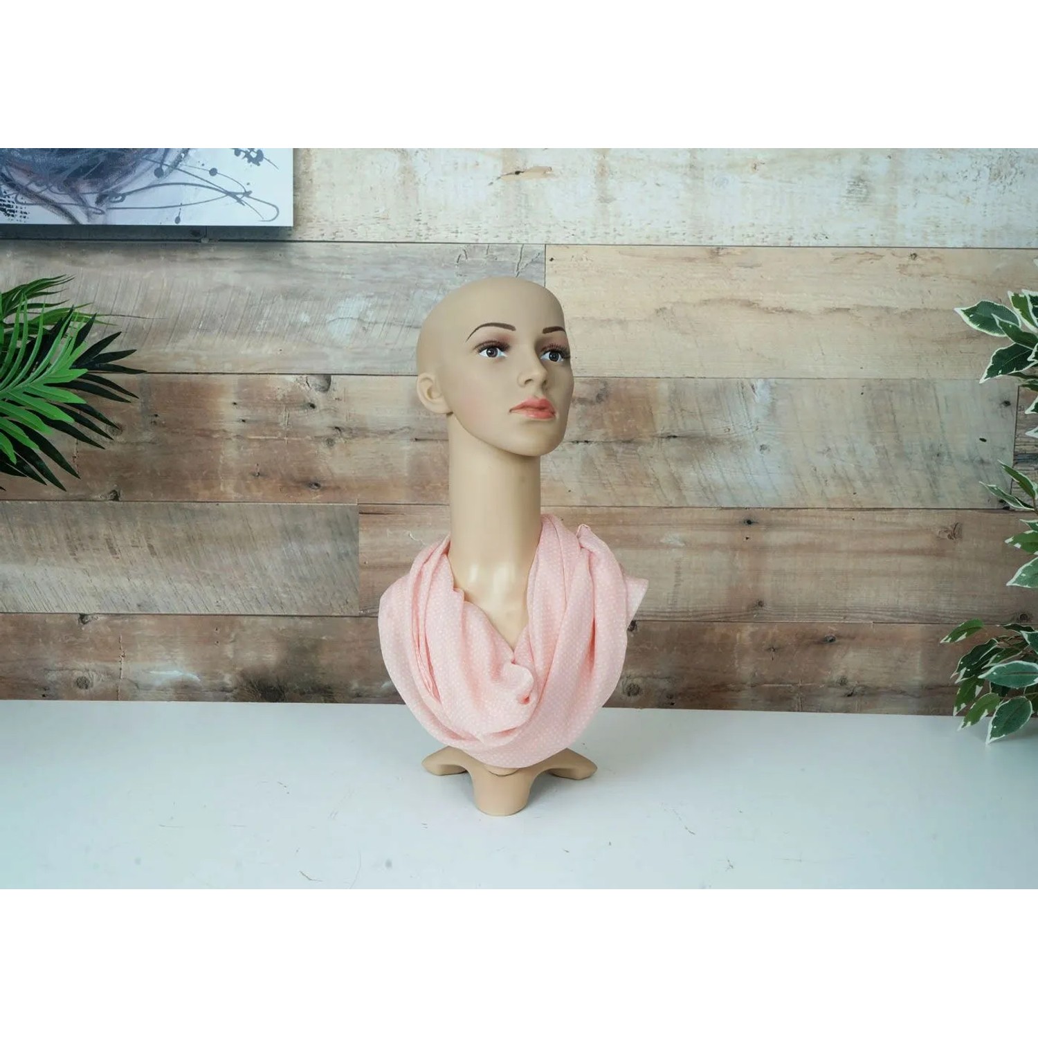 Beweglicher MCW Mannequin-Kopf G70, 55cm, geschminkt, mit rosa Schal. Ideal für Perücken & Schmuck.