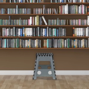 Grau-schwarzer Klapphocker aus Kunststoff, faltbar und rutschfest, vor einem Bücherregal. Ideal als Tritt oder Sitzhocker.