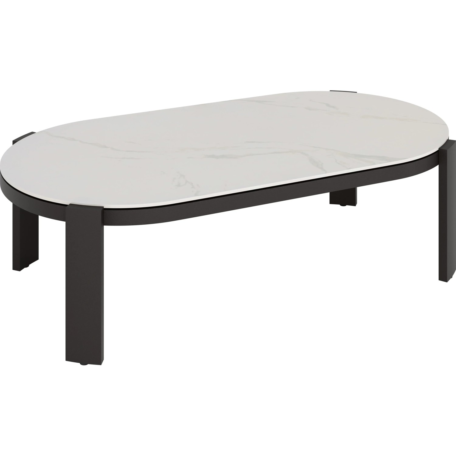 Lounge Tisch der Sorreno Lounge-Gruppe: Oval, weiße Marmor-Optik, anthrazitfarbenes Aluminiumgestell.