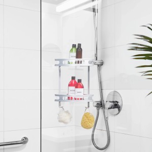 Relaxdays Badeckregal Aluminium Silber 2 Haken 39 cm x 30 cm x 23 cm 0,6 kg