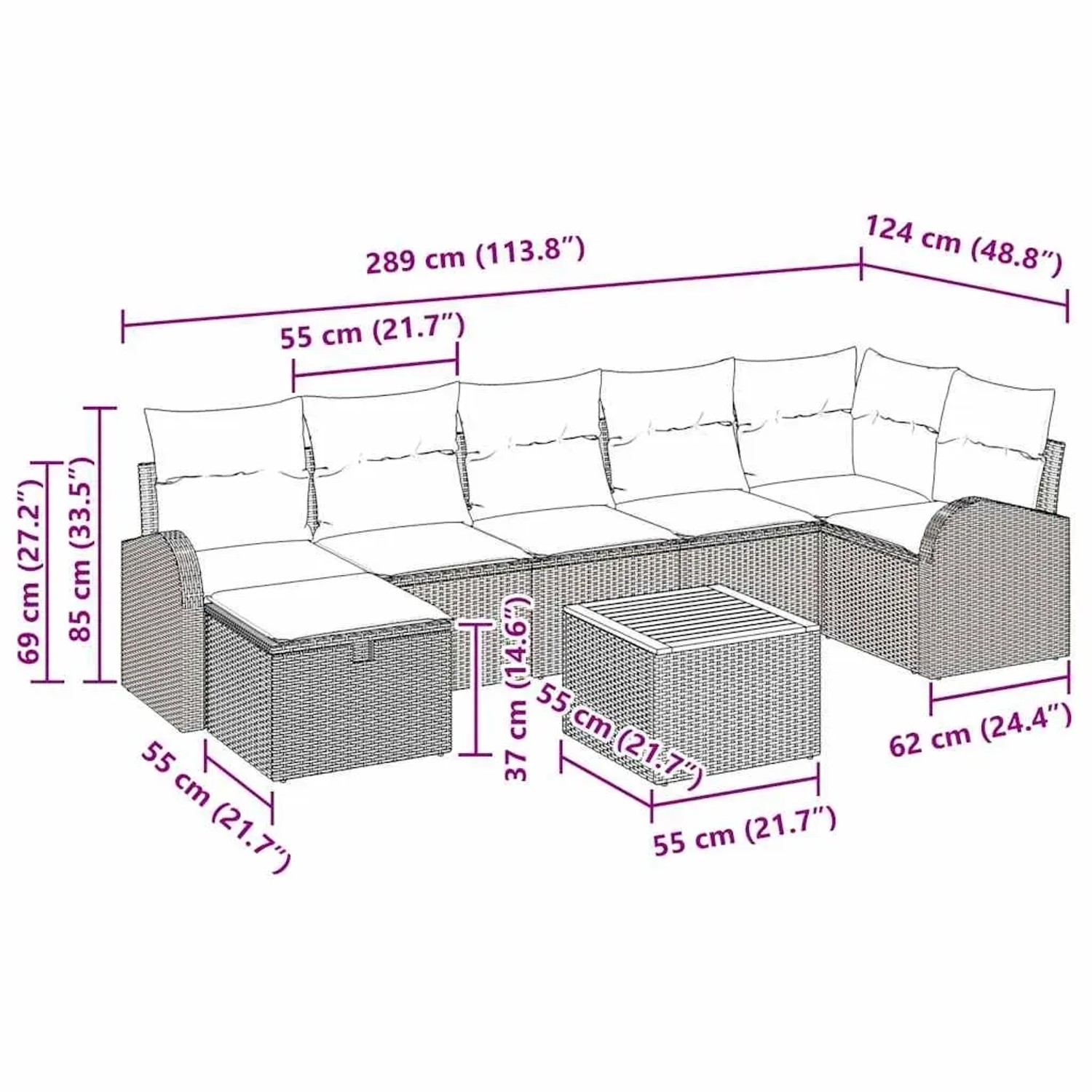 vidaXL Gartenmöbel-Set, 8-teilig, schwarz, Poly Rattan, mit Maßen. Ideal für Terrasse und Garten.