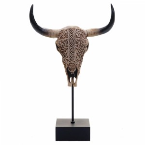 MCW Deko Standfigur Kuhschädel, 47x30x12cm, Polyresin, mit Tribal-Verzierung.