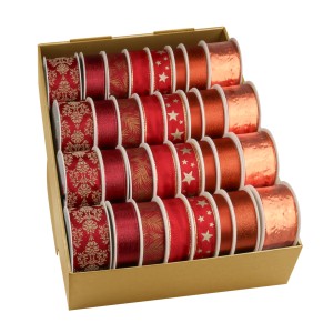 Geschenkband Weihnachten Bordeaux/Kupfer, verschiedene Designs im Spender.