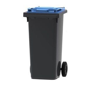 Graue PROREGAL Mülltonne 120L mit blauem Deckel und Rädern.