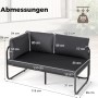 Graues Costway Garten Lounge Sofa, 2-Sitzer, mit Kissen und schwarzem Metallrahmen. Abmessungen und 300 kg Belastbarkeit.