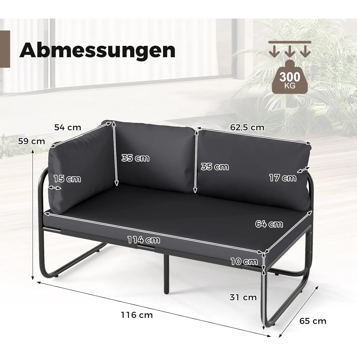 Graues Costway Garten Lounge Sofa, 2-Sitzer, mit Kissen und schwarzem Metallrahmen. Abmessungen und 300 kg Belastbarkeit.