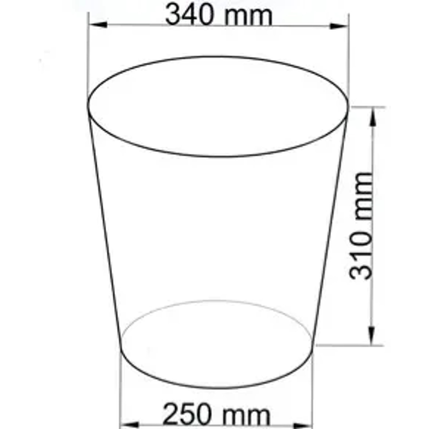 Skizze eines konisch zulaufenden Pflanzkübels mit Maßangaben (340 mm oben, 250 mm unten, 310 mm hoch).