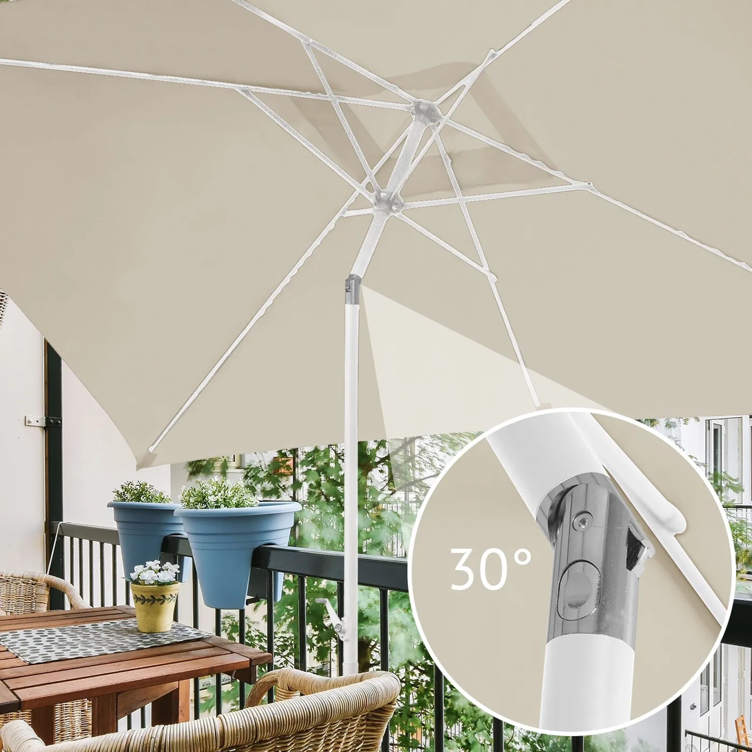 Beiger, rechteckiger Svita Sonnenschirm 3x2m mit Schirmständer, 30° neigbar für Balkon und Terrasse.