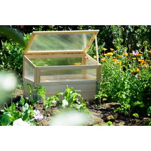 Frühbeet Pflanzbeet Größe M aus Holz mit Polycarbonat-Aufsatz im Garten.
