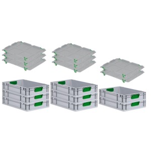 PROREGAL Spar Set: 8 Euroboxen mit Deckel, 40x60cm, grüne Griffe, glatter Boden.