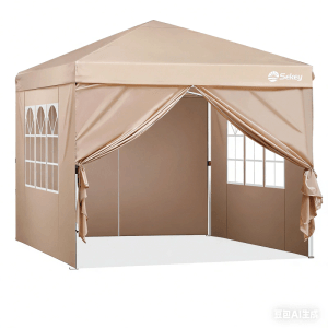 Beiger Sekey Faltpavillon 3x3 m mit 4 Seitenteilen und Fenstern. Wasserdichtes Pop-Up Partyzelt für Sonnenschutz.