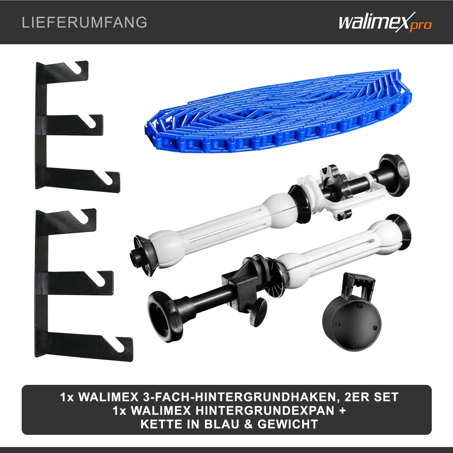 Walimex 3-fach Hintergrund Wandmontageset: Haken, Expan, blaue Kette, Gewicht für Fotostudio.