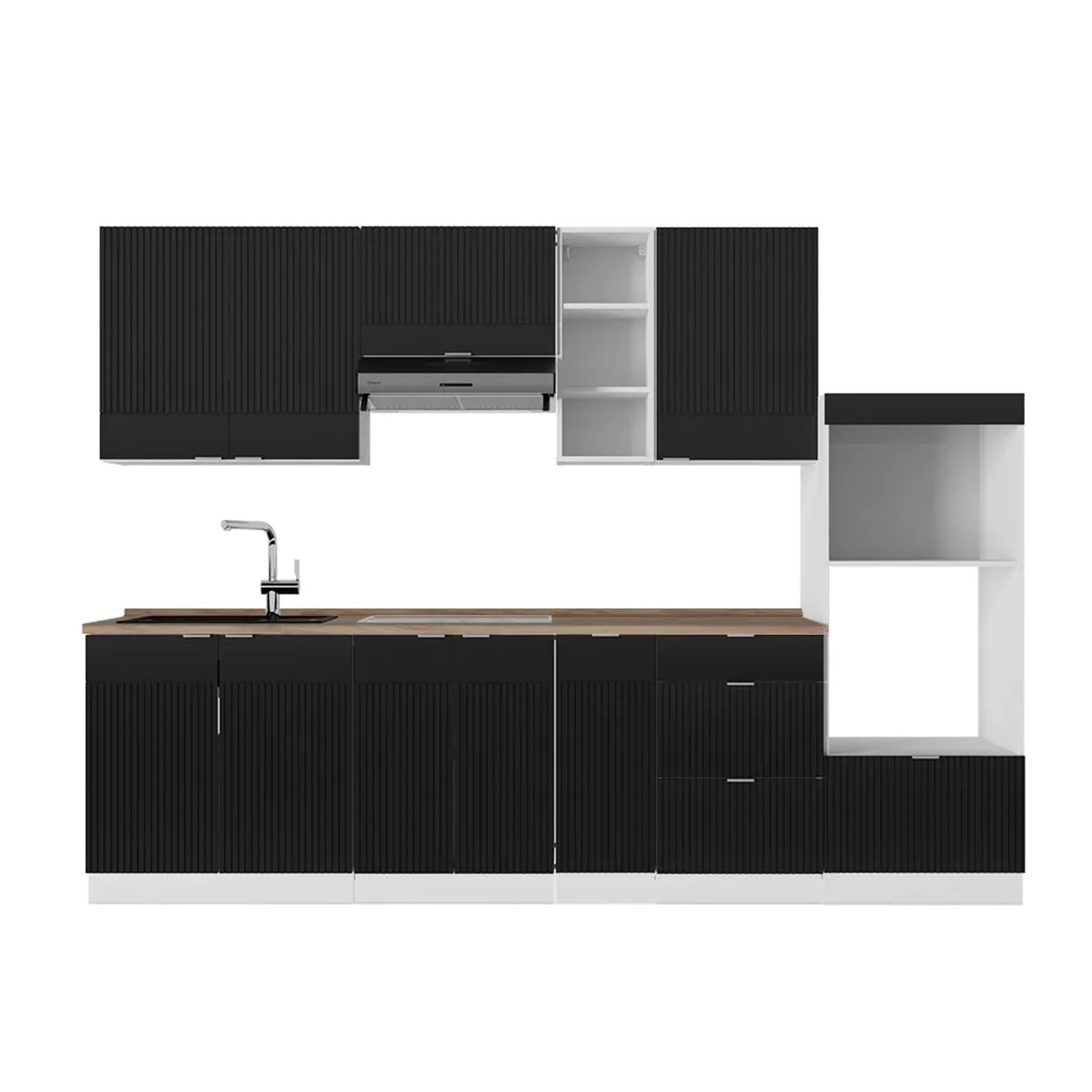 Vicco Fame-Line Küchenzeile Schwarz gestreift/Weiß 280 cm AP Eiche ohne E-Geräte