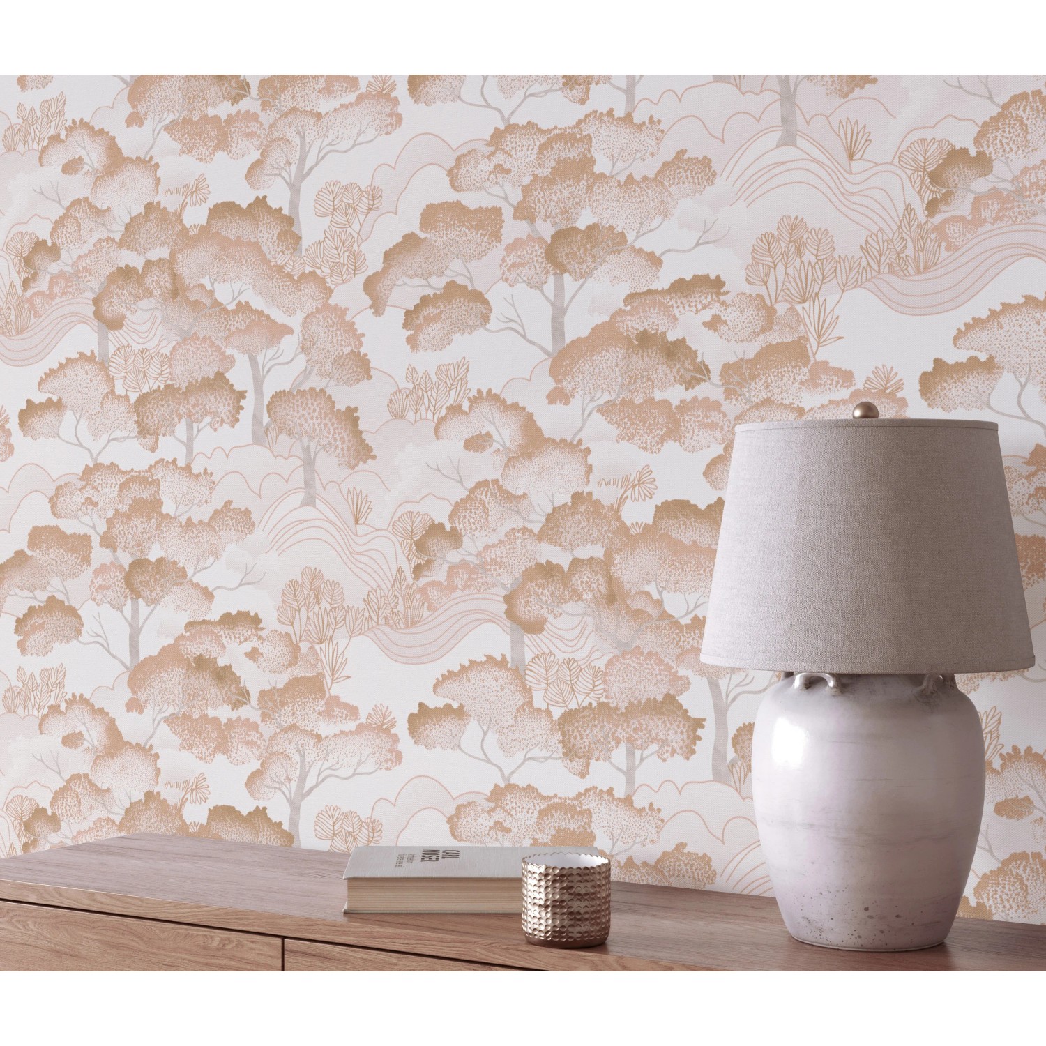 Erismann Vliestapete Elle Decoration 4 Golden Grove Terracotta mit Waldmotiv.