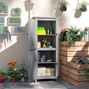 Outsunny Gartenschrank aus Tannenholz, hellgrau, mit offenen Türen und Regalen zur Gartenordnung.