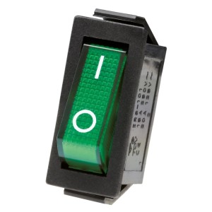 Schmaler, grüner Blanko Wippschalter, beleuchtet mit I-O Aufdruck für Schalterprogramme.