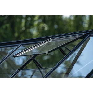 Detailaufnahme Halls Icon Gardenhouse Gewächshaus mit schwarzen Montageleisten für Sicherheitsglas.