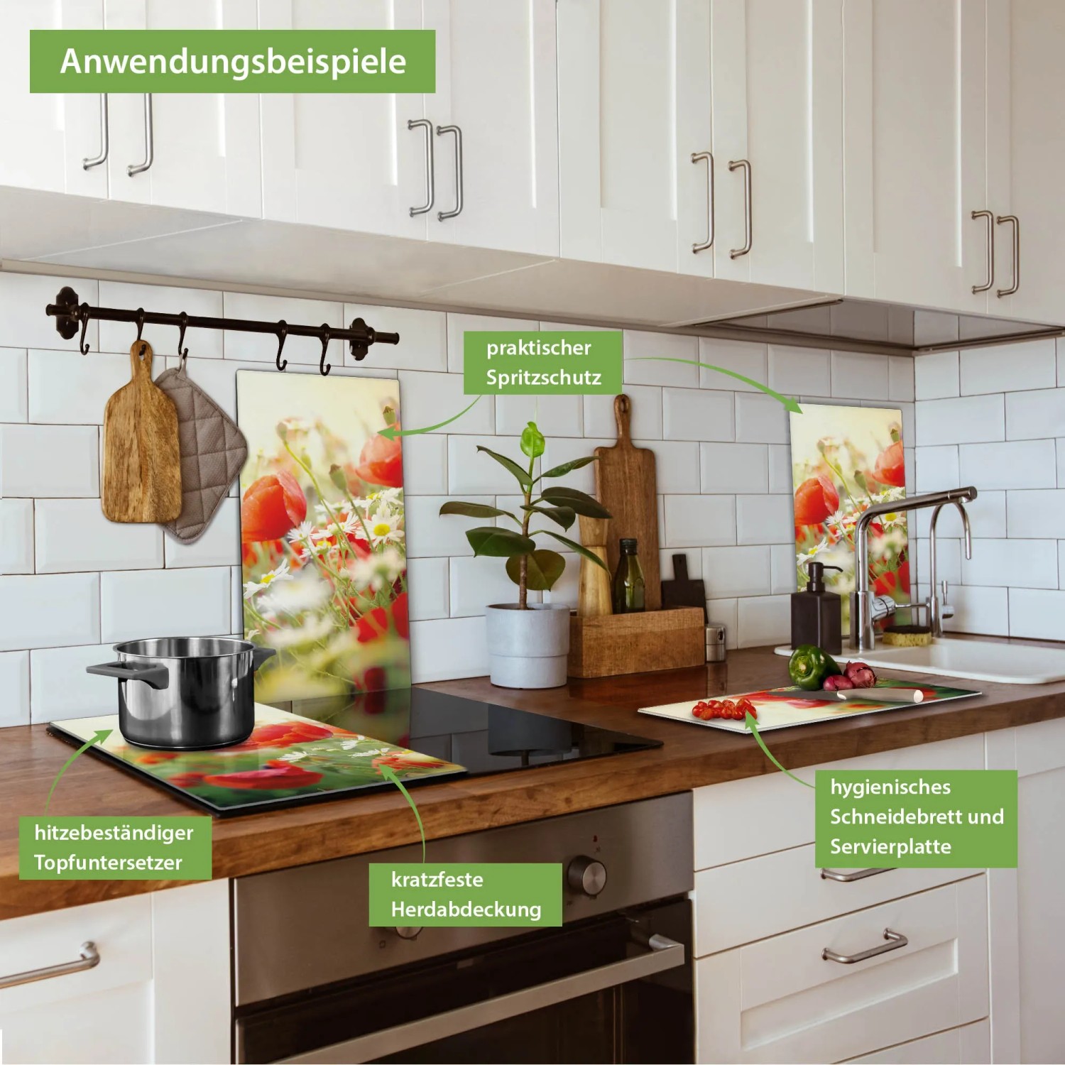Banjado 2-teilige Herdabdeckplatte aus Glas mit Kamille- und Mohn-Motiv als Schneidebrett und Spritzschutz.