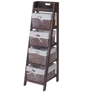 Leiterregal Franca im Shabby-Look mit 4 Körben aus Maisstroh und braunem Holz.