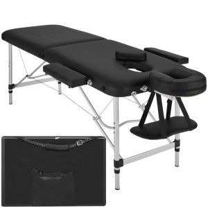 Schwarze Tectake 2 Zonen Massageliege (60 cm breit) mit Tragetasche, höhenverstellbar.