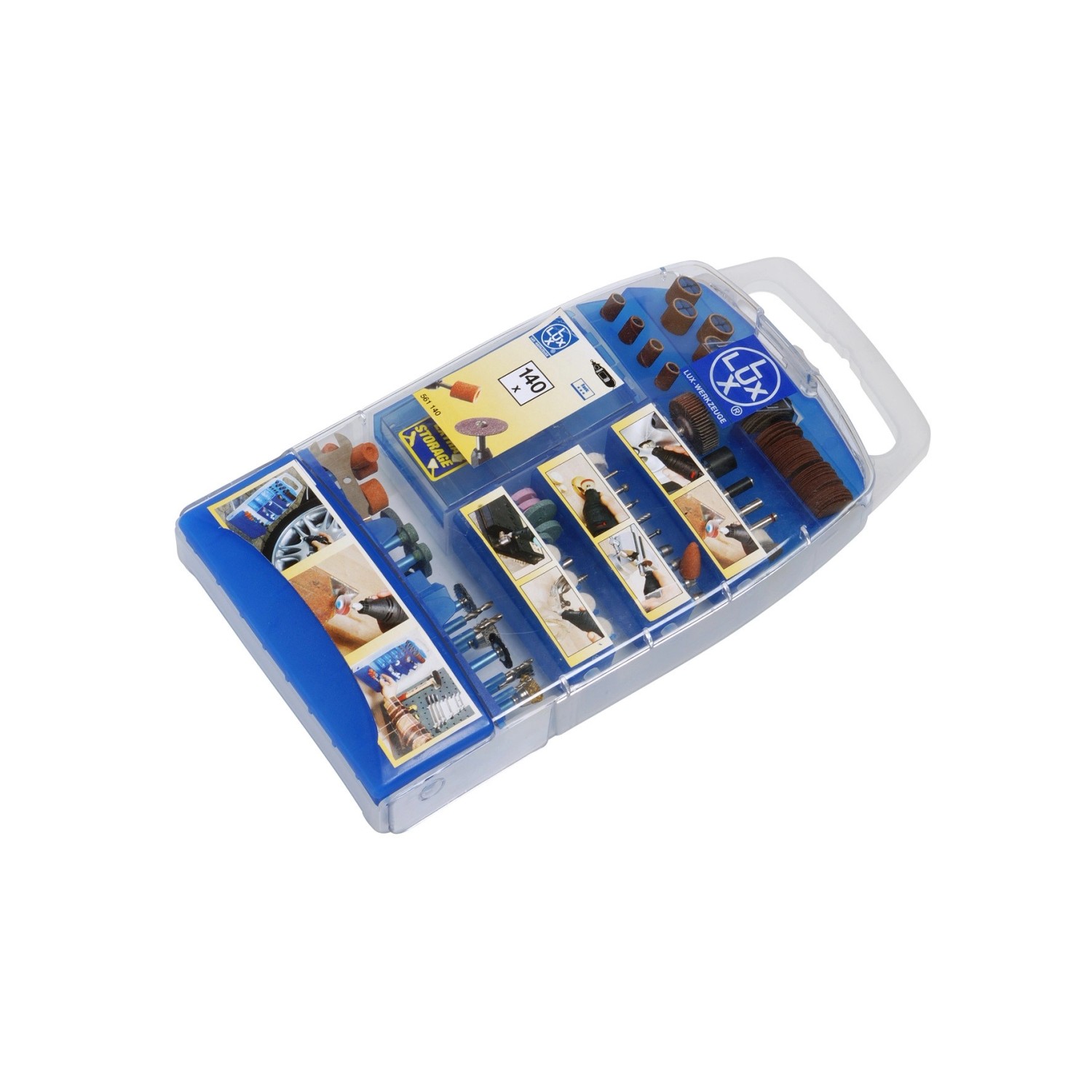 LUX Minitool-Set, 140-teilig, in transparenter Aufbewahrungsbox. Zubehör für Miniaturwerkzeuge.