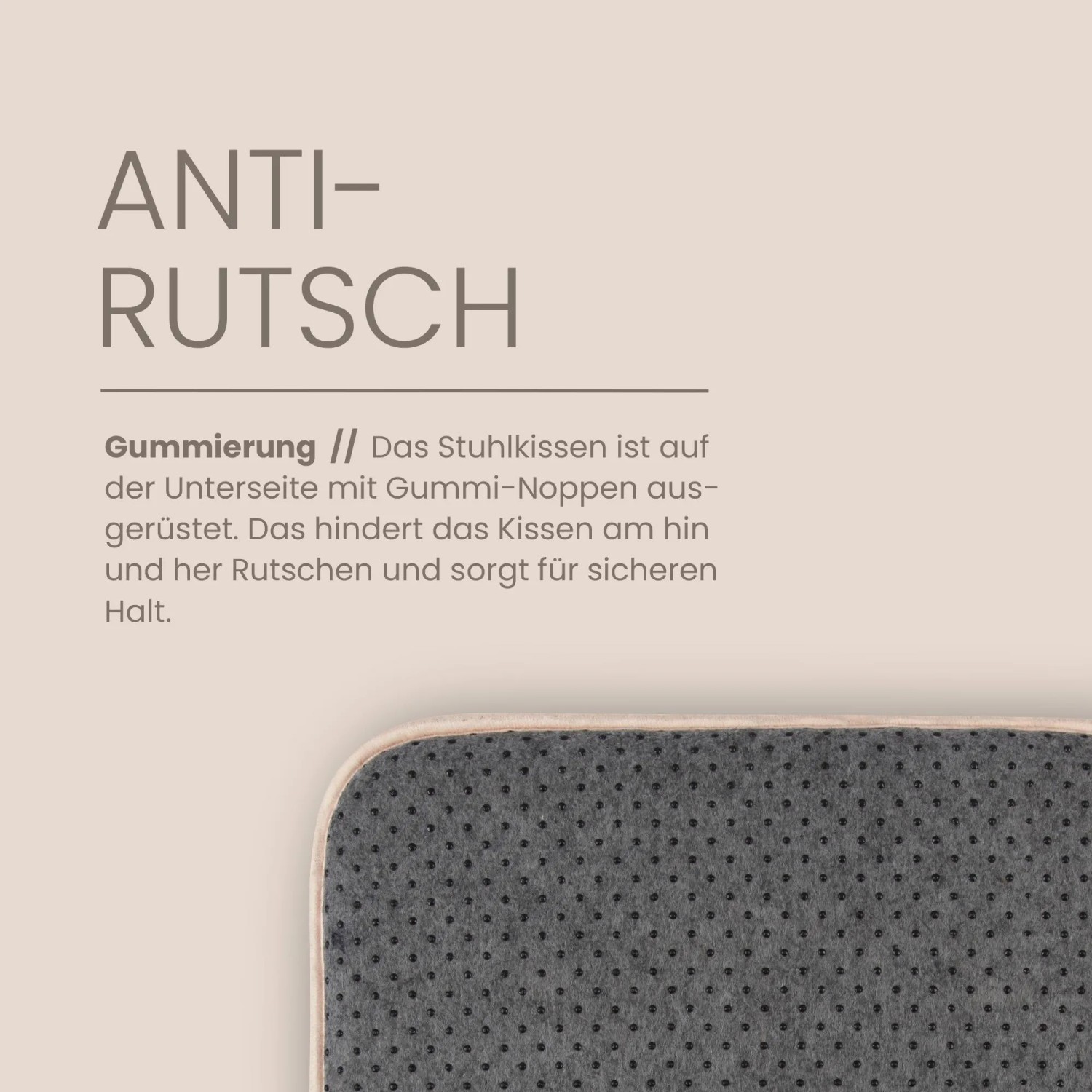 Detailaufnahme der Anti-Rutsch-Unterseite eines Bestlivings Stuhlkissens.