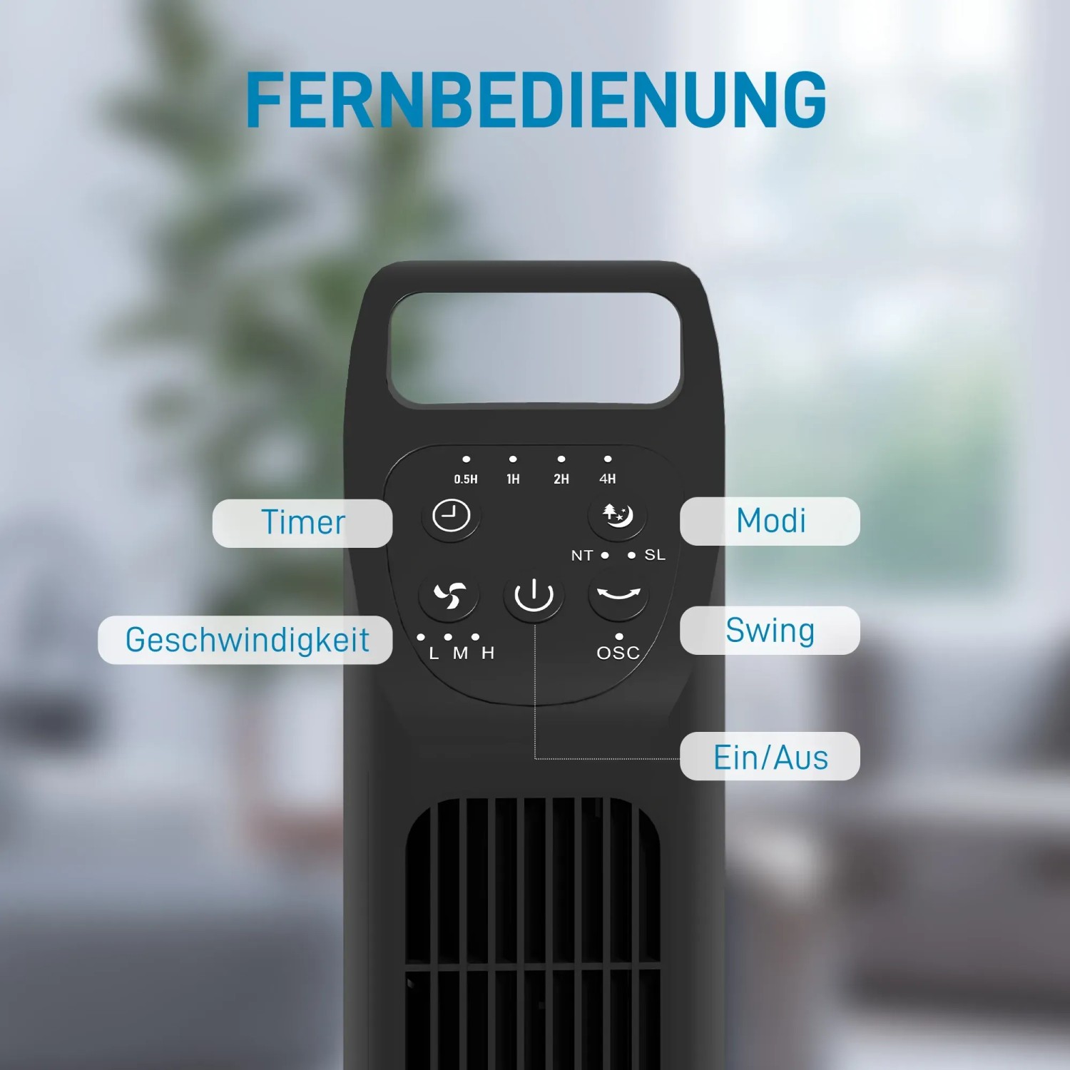 Detailaufnahme: Schwarzer HOMCOM Turmventilator mit Bedienelementen für Timer, Modi, Geschwindigkeit und Swing.