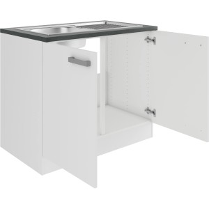 OPTIFIT Oslo214 Spülenunterschrank, 100 cm, Feinstruktur Weiß mit Edelstahlspüle.