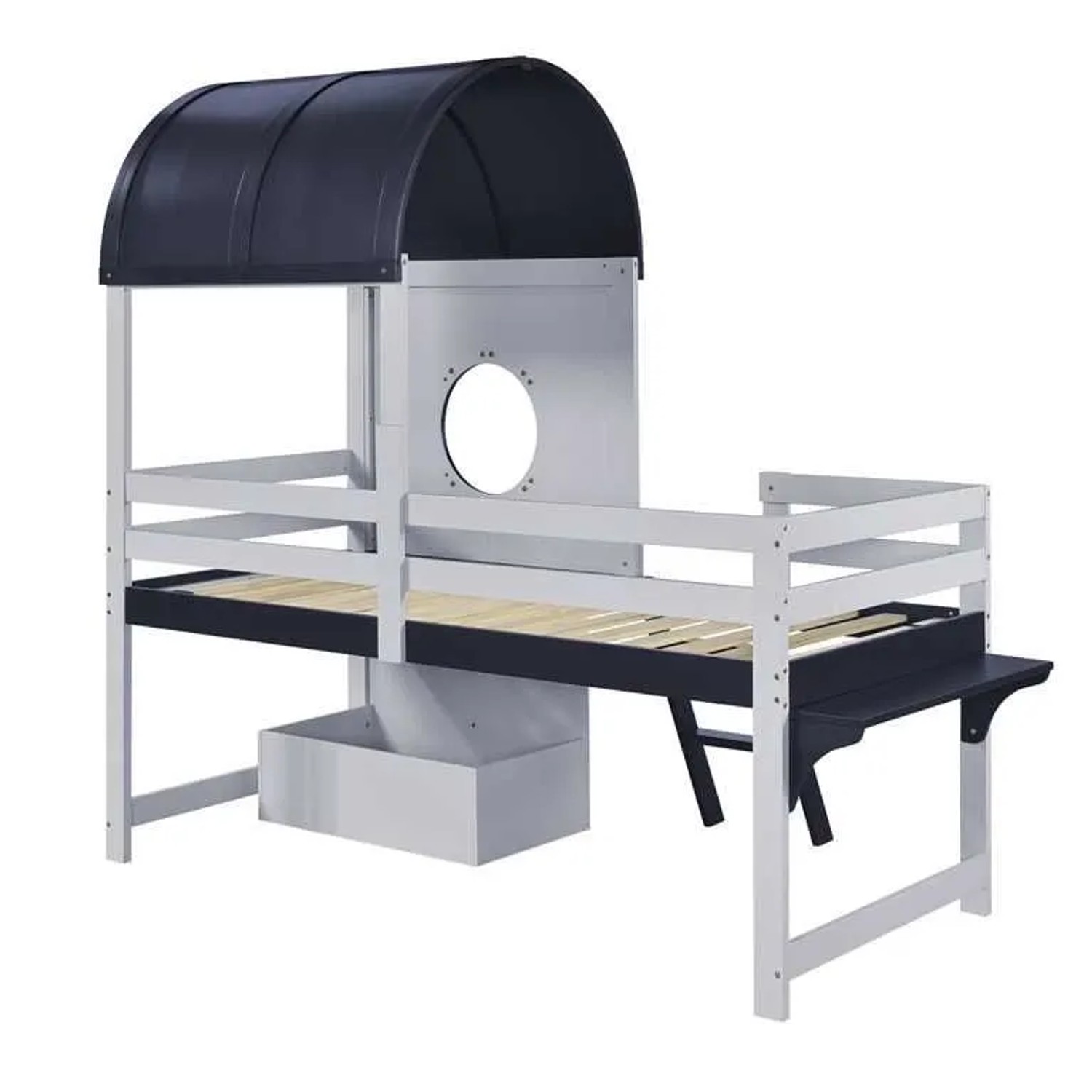 okwish Etagenbett 90x200cm mit Dach und Schublade Kinderzimmer Weiß Dunkelblau ohne Matratze