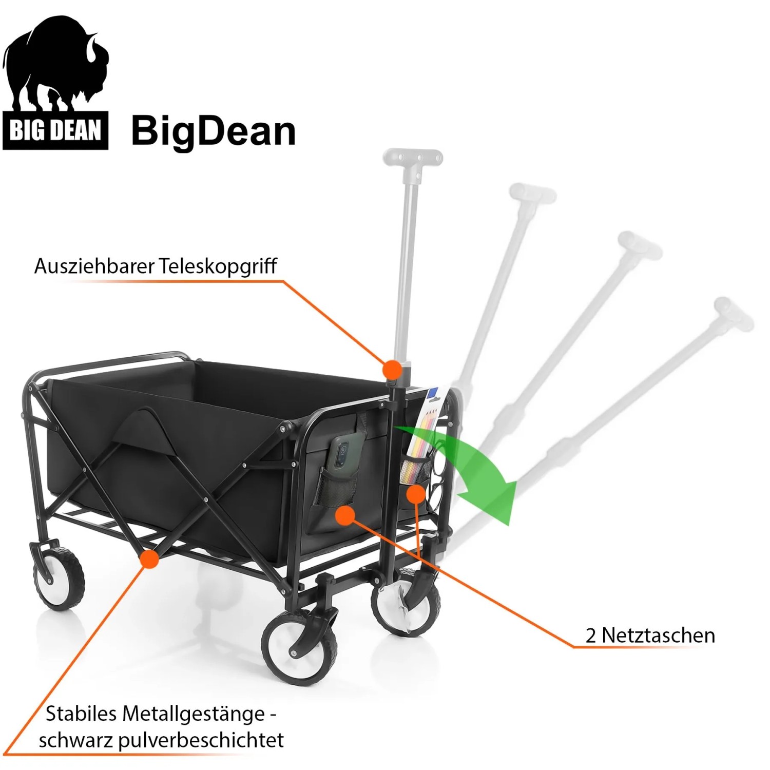 Schwarzer, faltbarer Bollerwagen von BigDean mit Teleskopgriff und Netzfächern.