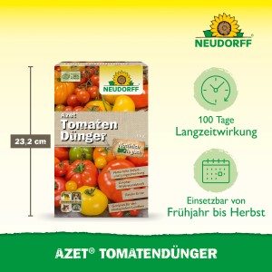 Packung Neudorff Azet Tomaten-Dünger 1 kg mit Tomatenabbildung. Biologischer Tomatendünger für reiche Ernte.