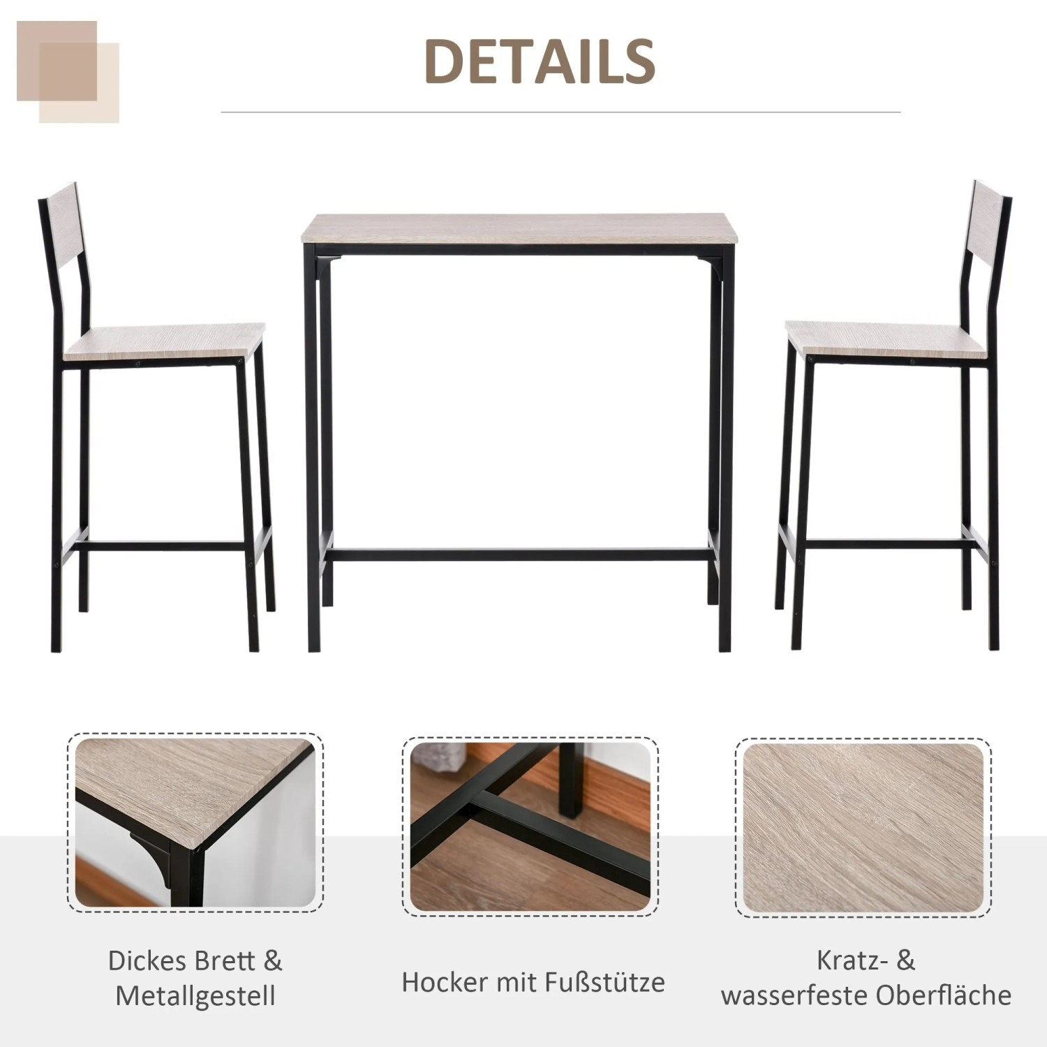 Modernes HOMCOM Bartisch-Set: rechteckiger Tisch und 2 Barhocker aus MDF in Natur und schwarzem Metallgestell.