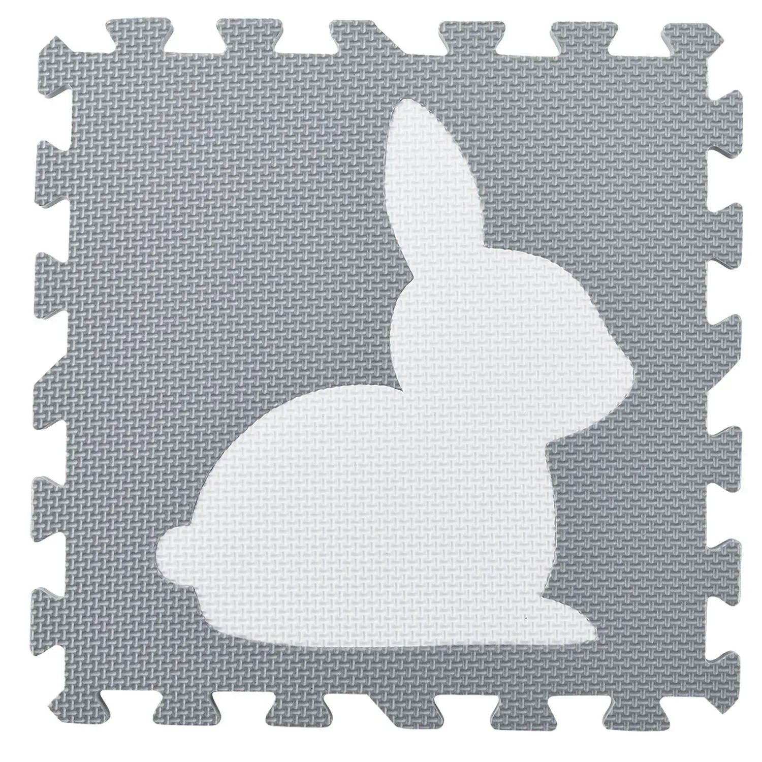 Graue Juskys Kinder Puzzlematte mit weißem Hasenmotiv, Teil der 36-teiligen Tiermatte.