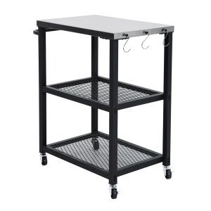 Schwarzer Taino Netis Grillwagen mit Edelstahlplatte, Rollen und Haken für Grillzubehör.