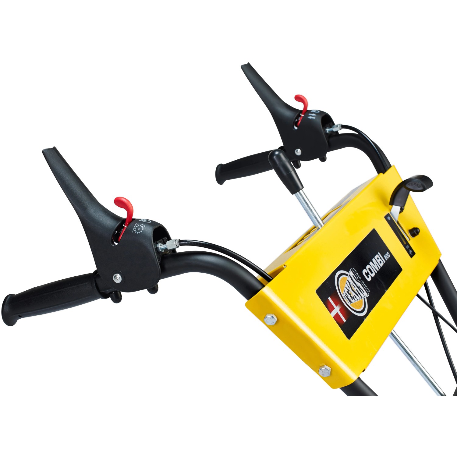 Detailaufnahme: Texas Combigerät 800 TG Kehrmaschine, gelbes Gehäuse, schwarze Griffe.