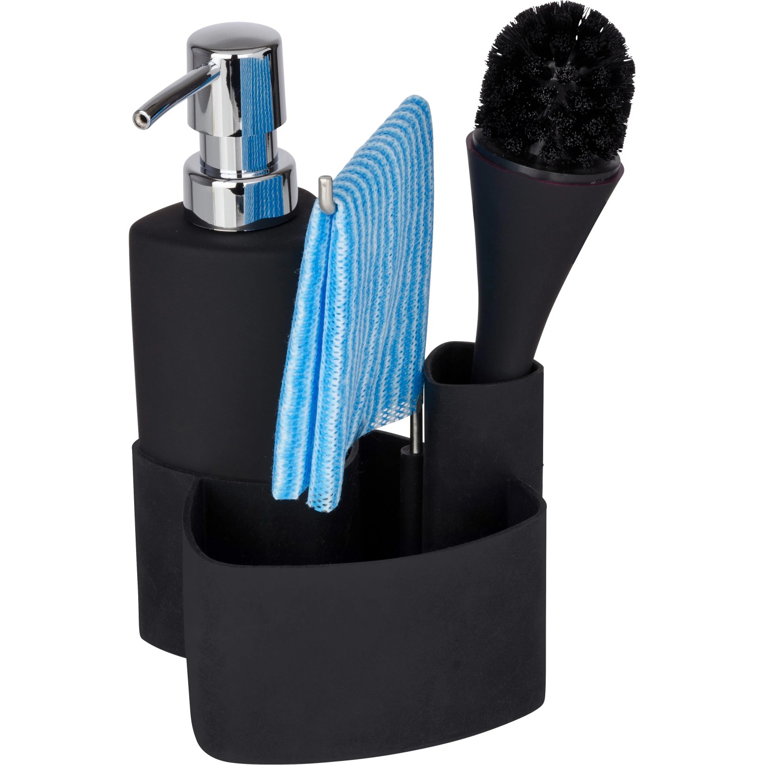 Wenko Spül-Set Empire Schwarz mit Spender, Bürste und Halter für Küchenhelfer.